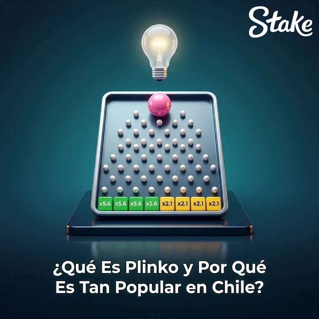 Juego Plinko en Stake Chile: bola cayendo en pirámide de clavos con multiplicadores de pago y niveles de riesgo